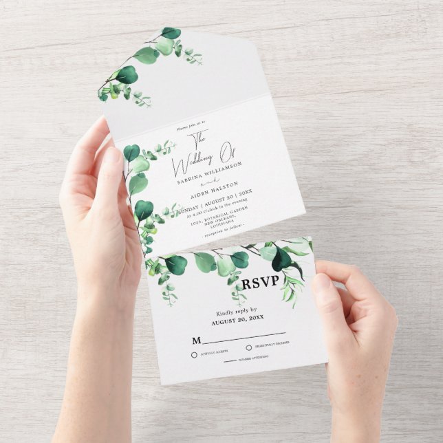 Elegant Sage | Emerald Green Eucalyptus Foliage  All In One Invitation (Tearaway)