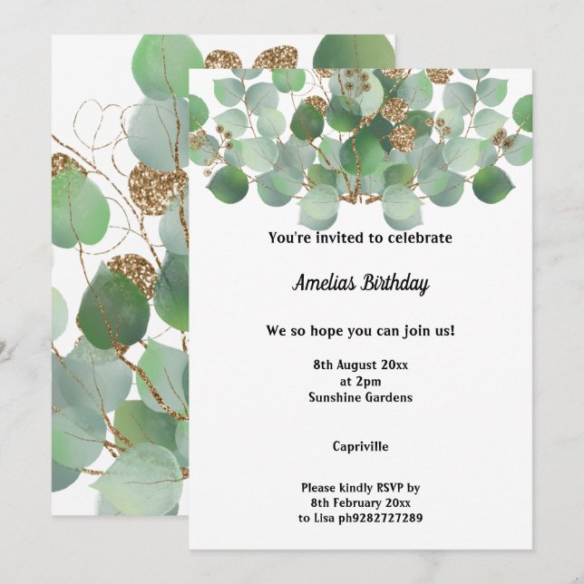 ELEGANT SAGE EUCALYPTUS BIRTHDAY PARTY  INVITATION (Front/Back)