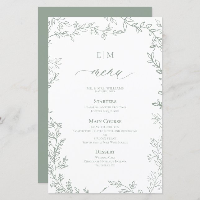 Élégant Sage Feuille Vert Monogramme Mariage Menu (Devant / Derrière)