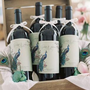 Elegant Sage Floral Peacock Wedding Wine Labels
