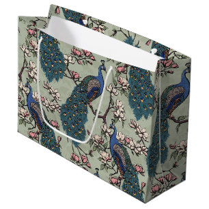 Elegant Sage Floral Peacocks Magnolia Flowers Large Gift Bag