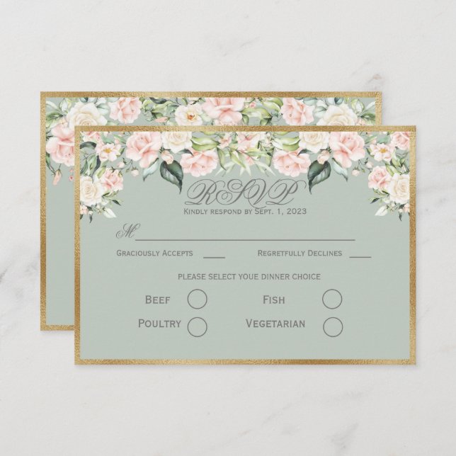 Elégant Sage Floral Vert Gold Script Mariage RSVP (Devant / Derrière)