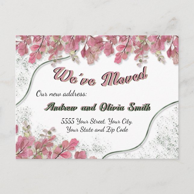 Elegant Sage Foil Pretty Pink Foliage New Address Postcard (Front)