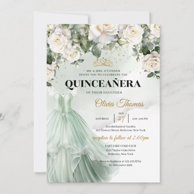 Elegant Sage Formal Dress White Roses Greenery Invitation (Front)