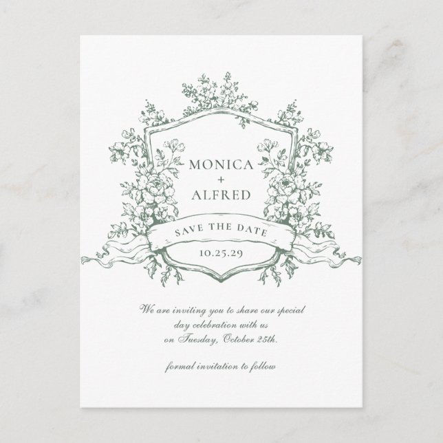 Elegant Sage French Garden Wedding Save the Date Postcard (Front)