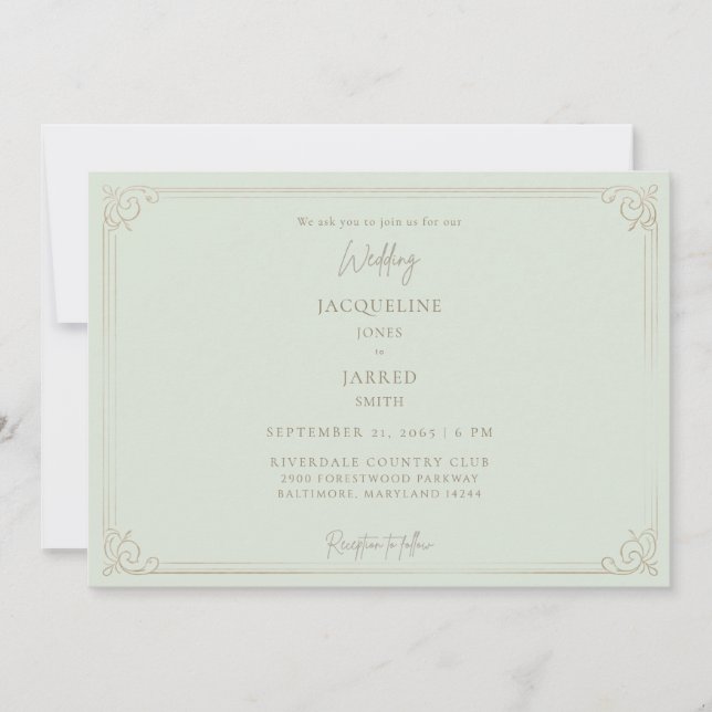 Elegant Sage Gold Frame Wedding  Invitation (Front)