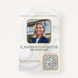 Elegant Sage Gold Realtor Photo ID/QR Code Contact Badge