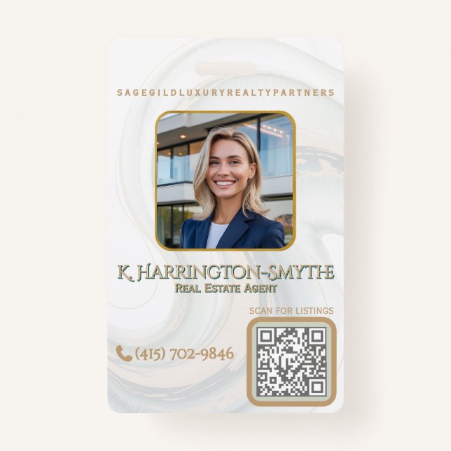 Elegant Sage Gold Realtor Photo ID/QR Code Contact Badge (Front)