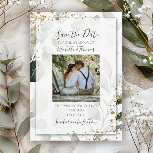 Elegant Sage Gold Watercolor Eucalyptus Photo Save The Date