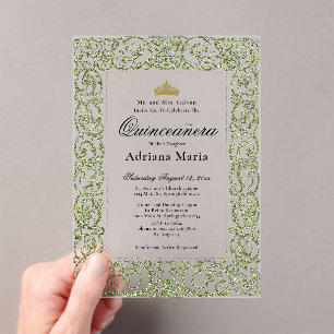 Elegant Sage Green 15th Birthday Quinceanera Acrylic Invitations