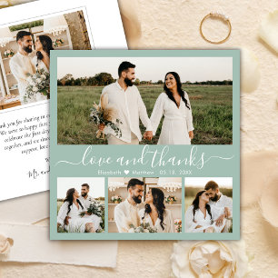 Elegant Sage Green 4 Photo Collage Script Wedding Thank You Card