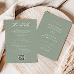 Elegant Sage Green All In One QR Code Wedding Invitation<br><div class="desc">Elegant, all-in-one wedding invitations featuring your names and wedding ceremony information on the front in white lettering with a sage green background. A modern calligraphy script completes the look of this chic sage green wedding invitation. Personalize the back of the calligraphy wedding invitations with wedding details such as reception information,...</div>