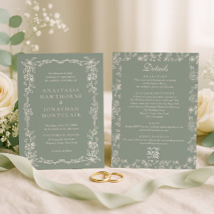 Elegant Sage Green All in One Wedding Invitation