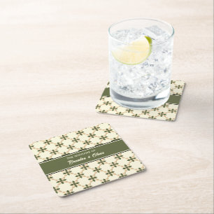 Elegant Sage Green and Beige Geometric Floral Square Paper Coaster