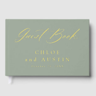 Elegant Sage Green and Gold Calligraphy Wedding Fo Guest Book