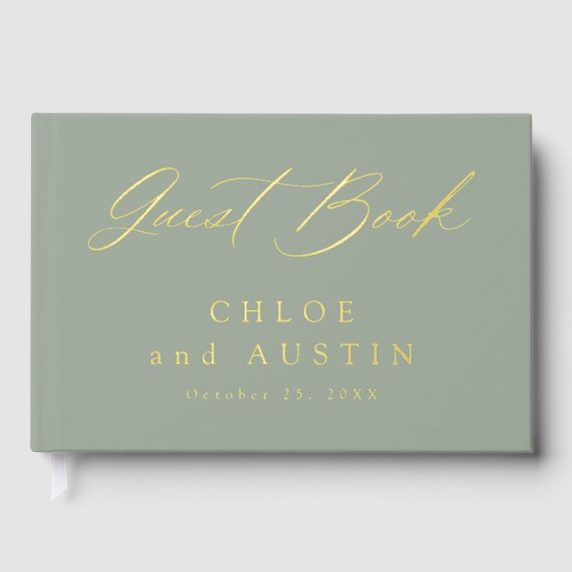 Elegant Sage Green and Gold Calligraphy Wedding Fo Guest Book (Front)