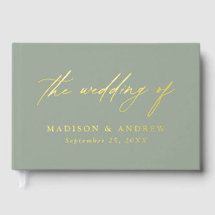 Elegant Sage Green and Gold Calligraphy Wedding Guest Book