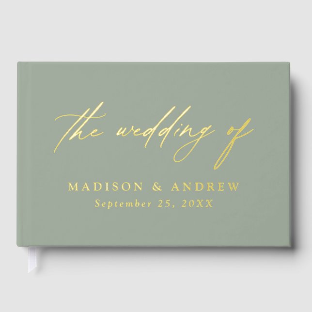 Elegant Sage Green and Gold Calligraphy Wedding Guest Book (Front)