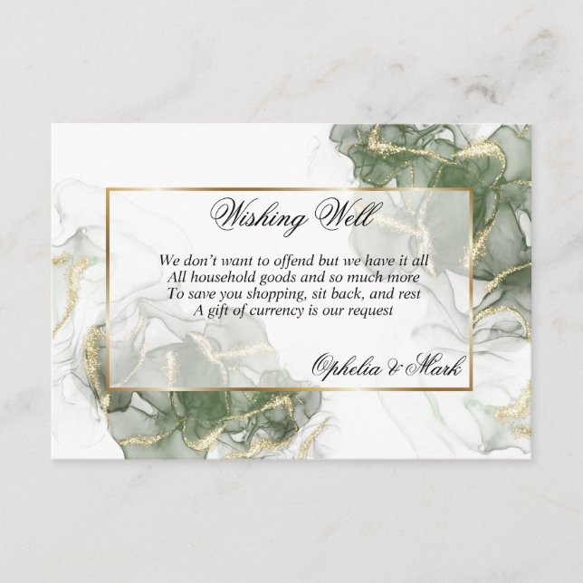 Elegant Sage Green and Gold Wishing Well  Enclosure Card (Front)