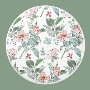 Elegant Sage Green and Pink Floral Pattern Ceramic Knob