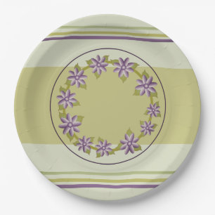 Elegant Sage Green and Purple Floral And Stripe Paper Plate