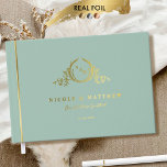 Elegant Sage Green and Real Foil Monogram Wedding Guest Book<br><div class="desc">Personalize this elegant monogrammed wedding guestbook featuring real gold, silver, or rose gold foil on exquisite monogram and front, spine, and back text. Sage green cover background colour in a luxurious velvety-soft texture, and beautiful modern calligraphy details in a clean, minimal, and sleek style. Three size options with three inside...</div>
