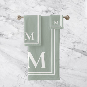 Elegant Sage Green and White Monogram Bath Towel Set
