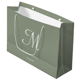Elegant Sage Green and White Monogram Name  Large Gift Bag