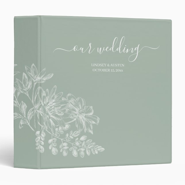 Elegant Sage Green and White Script Wedding 3 Ring Binder (Front/Spine)