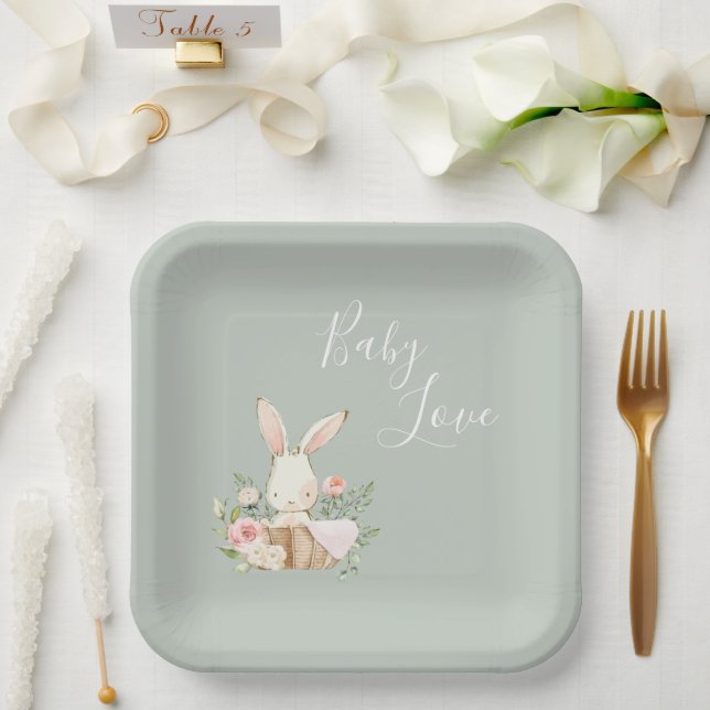 Elegant Sage Green Baby Love Script Baby Shower Paper Plate (Wedding)