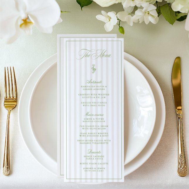 Elegant Sage Green & Beige Striped Wedding Menu (Elegant Sage Green & Beige Striped Wedding Menu)