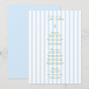 Elegant Sage Green & Blue Striped Wedding Menu Invitation