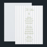Elegant Sage Green & Blue Striped Wedding Menu Invitation<br><div class="desc">A refined wedding menu card designed with soft sage green and blue vertical stripes, timeless serif fonts, and romantic script accents. Personalized initials appear on the back (optional and fully editable). Ideal for garden weddings, summer receptions, or classic outdoor celebrations. Part of the “Iris” Wedding Collection — explore the full...</div>