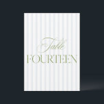 Elegant Sage Green & Blue Wedding 14 Table Number<br><div class="desc">This elegant table number features a soft beige striped background with refined sage green serif typography and subtle script accents. Designed for garden weddings, refined receptions, and timeless outdoor celebrations. Coordinates with the “Iris” Wedding Invitation Collection — click the collection link on this page to find matching items like menus,...</div>