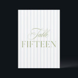 Elegant Sage Green & Blue Wedding 15 Table Number<br><div class="desc">This elegant table number features a soft beige striped background with refined sage green serif typography and subtle script accents. Designed for garden weddings, refined receptions, and timeless outdoor celebrations. Coordinates with the “Iris” Wedding Invitation Collection — click the collection link on this page to find matching items like menus,...</div>