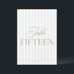 Elegant Sage Green & Blue Wedding 15 Table Number<br><div class="desc">This elegant table number features a soft beige striped background with refined sage green serif typography and subtle script accents. Designed for garden weddings, refined receptions, and timeless outdoor celebrations. Coordinates with the “Iris” Wedding Invitation Collection — click the collection link on this page to find matching items like menus,...</div>