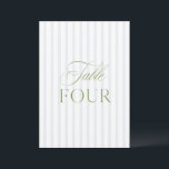 Elegant Sage Green & Blue Wedding Table Number<br><div class="desc">This elegant table number features a soft blue striped background with refined sage green serif typography and subtle script accents. Designed for garden weddings, refined receptions, and timeless outdoor celebrations. Coordinates with the “Iris” Wedding Invitation Collection — click the collection link on this page to find matching items like menus,...</div>