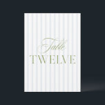 Elegant Sage Green & Blue Wedding Table Number<br><div class="desc">This elegant table number features a soft blue striped background with refined sage green serif typography and subtle script accents. Designed for garden weddings, refined receptions, and timeless outdoor celebrations. Coordinates with the “Iris” Wedding Invitation Collection — click the collection link on this page to find matching items like menus,...</div>