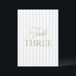 Elegant Sage Green & Blue Wedding Table Number<br><div class="desc">This elegant table number features a soft blue striped background with refined sage green serif typography and subtle script accents. Designed for garden weddings, refined receptions, and timeless outdoor celebrations. Coordinates with the “Iris” Wedding Invitation Collection — click the collection link on this page to find matching items like menus,...</div>