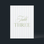 Elegant Sage Green & Blue Wedding Table Number<br><div class="desc">This elegant table number features a soft blue striped background with refined sage green serif typography and subtle script accents. Designed for garden weddings, refined receptions, and timeless outdoor celebrations. Coordinates with the “Iris” Wedding Invitation Collection — click the collection link on this page to find matching items like menus,...</div>