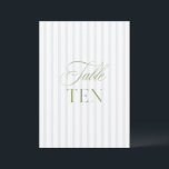 Elegant Sage Green & Blue Wedding Table Number<br><div class="desc">This elegant table number features a soft blue striped background with refined sage green serif typography and subtle script accents. Designed for garden weddings, refined receptions, and timeless outdoor celebrations. Coordinates with the “Iris” Wedding Invitation Collection — click the collection link on this page to find matching items like menus,...</div>