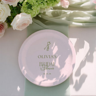 Elegant Sage Green & Blush Pink Bridal Shower Paper Plate