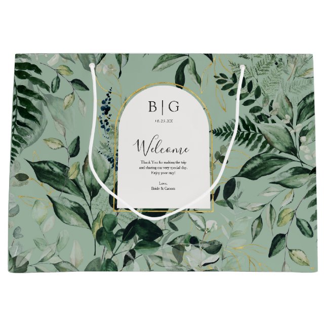 elegant sage green botanic leaves wedding welcome  large gift bag (Front)