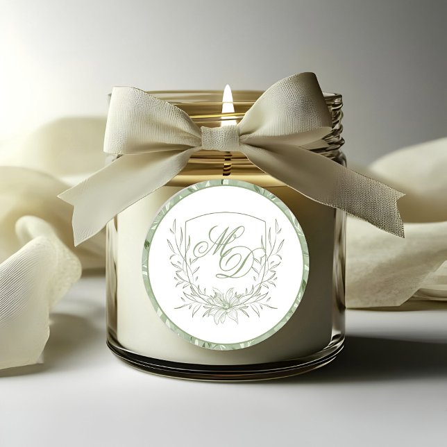 Elegant Sage Green Botanical Crest Wedding Classic Round Sticker (Creator Uploaded)