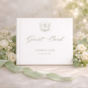 Elegant Sage Green Botanical Crest Wedding Guest Book