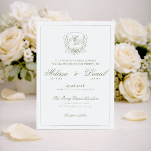 Elegant Sage Green Botanical Crest Wedding Invitation
