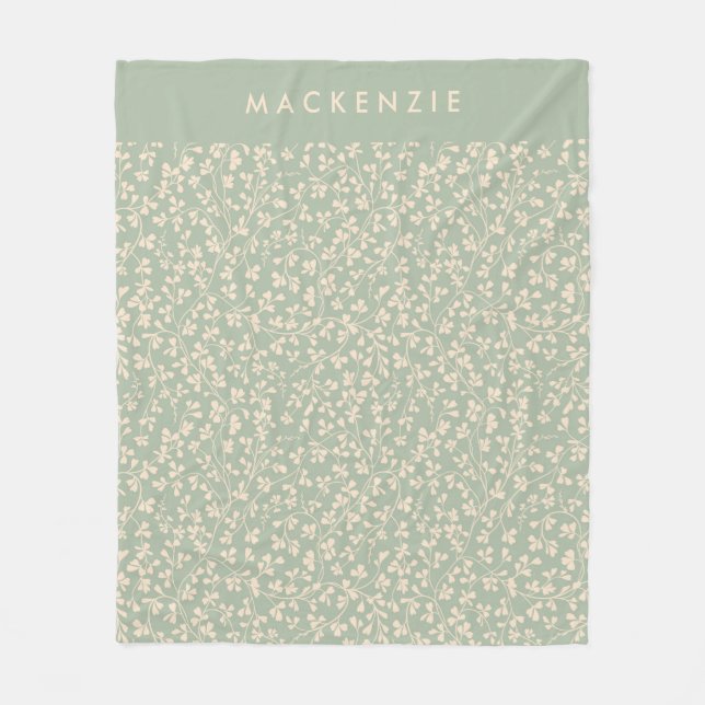 Elegant Sage Green Botanical Personalized Fleece Blanket (Front)