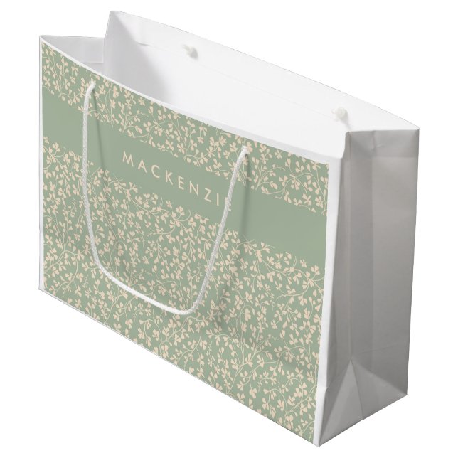 Elegant Sage Green Botanical Personalized Large Gift Bag (Front Angled)