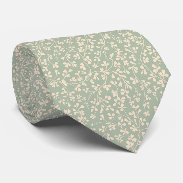 Elegant Sage Green Botanical Tie (Rolled)