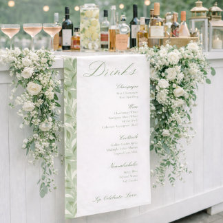Elegant Sage Green Botanical Wedding Drinks Menu Banner